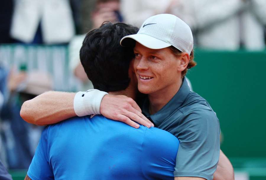 Italy's Jannik Sinner hugs Spain's Carlos Alcaraz after winning their final in Monte Carlo