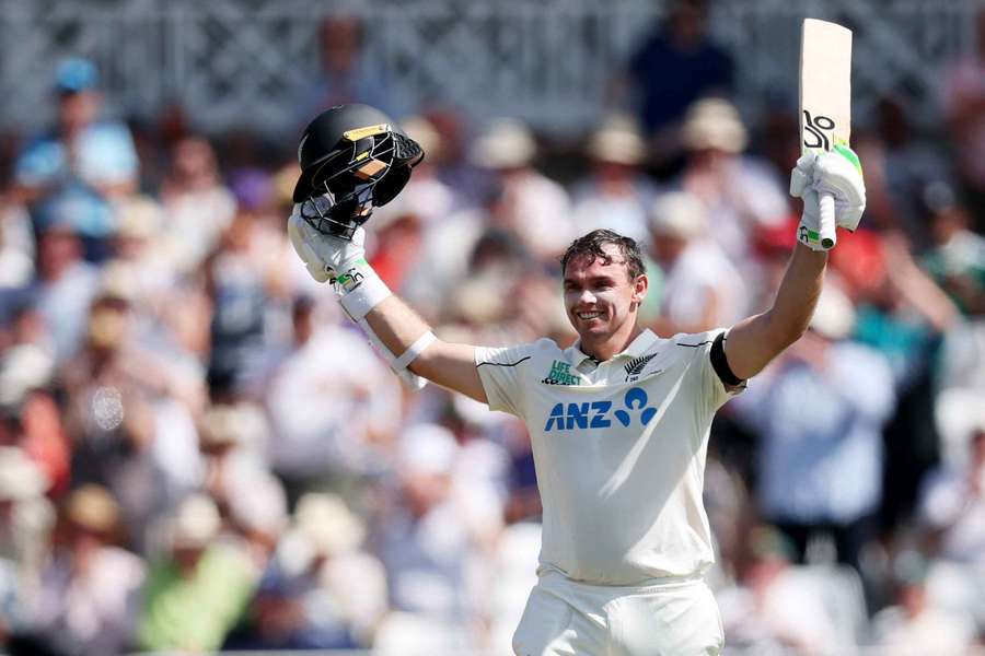 New Zealand's Tom Latham celebrates after reaching his century against England