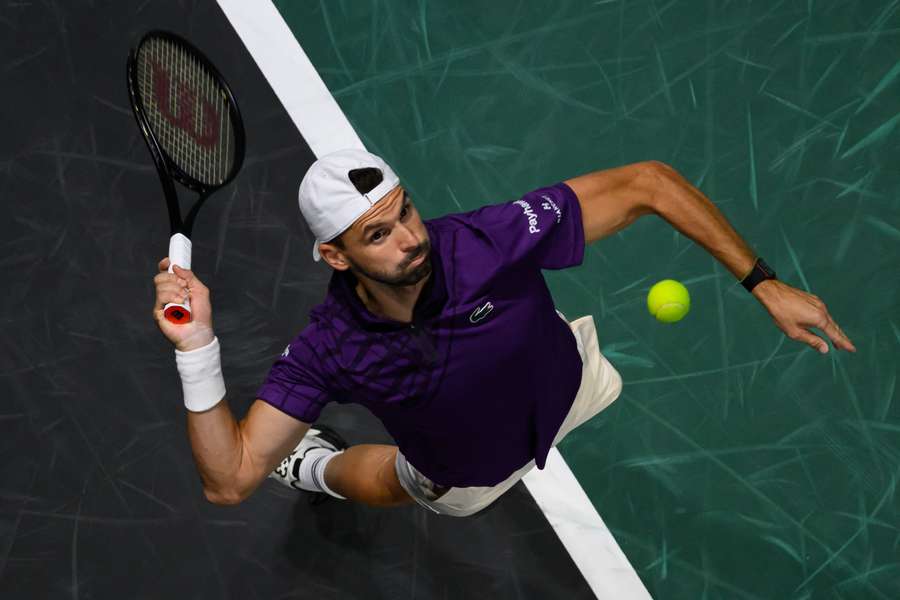 Grigor Dimitrov serves to Giovanni Mpetshi Perricard during the first round of the Paris ATP Masters 1000 on Monday Grigor Dimitrov serves to Giovanni Mpetshi Perricard during the first round of the Paris ATP Masters 1000 on Monday