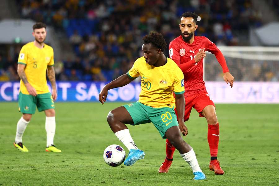 Irankunda in action for the Socceroos against Bahrain in 2024. 