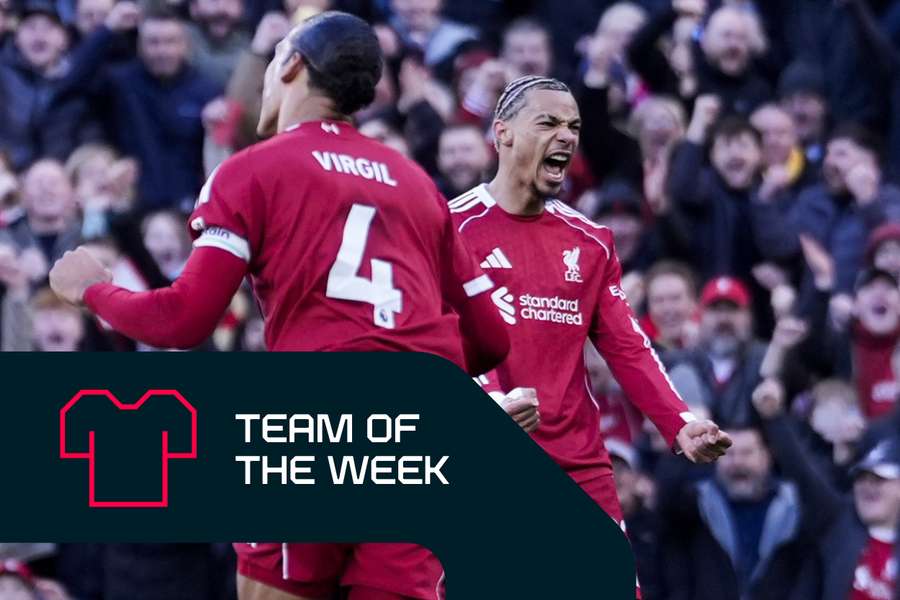 Liverpool's Van Dijk (L) and Ekitike celebrate