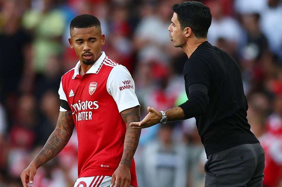 Mikel Arteta with Gabriel Jesus during a match at the Emirates