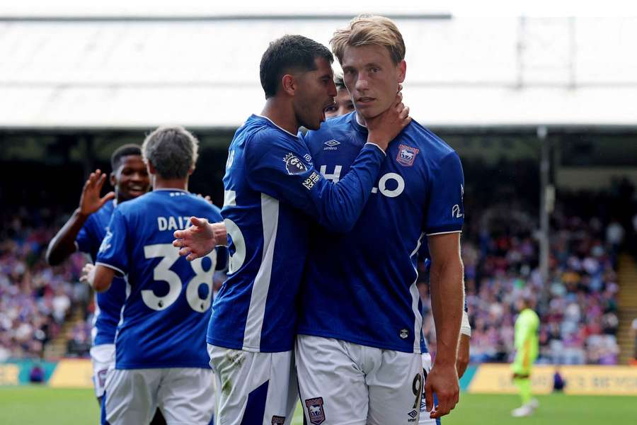 Ipswich Town's Zian Flemming celebrates scoring their third goal with Exequiel Palacios Ipswich Town's Zian Flemming celebrates scoring their third goal with Exequiel Palacios