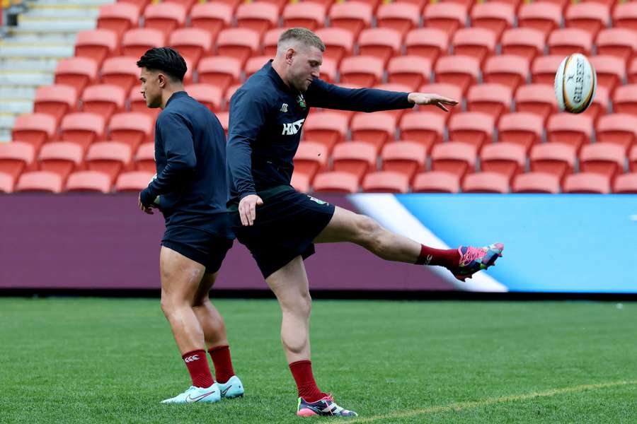 Finn Russell kicks the ball during a British & Irish Lions training session in Brisbane on Friday.