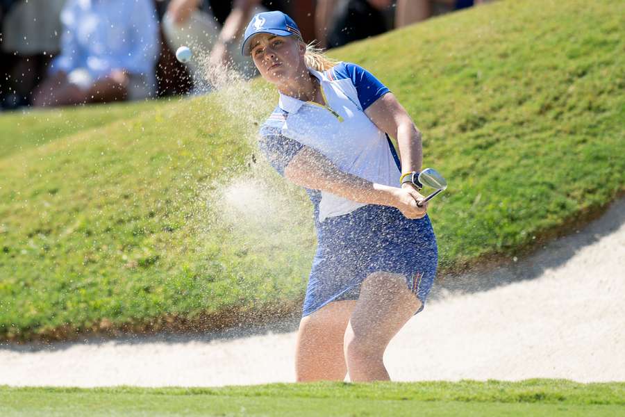 Team Europe's Swedish golfer Maja Stark plays a shot on the second day of the 2023 Solheim Cup 