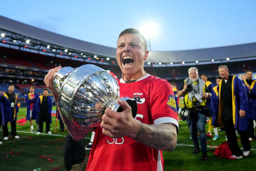 AZ captain Jordy Clasie with the KNVB Beker trophy after beating NEC in the 2026 final AZ captain Jordy Clasie with the KNVB Beker trophy after beating NEC in the 2026 final