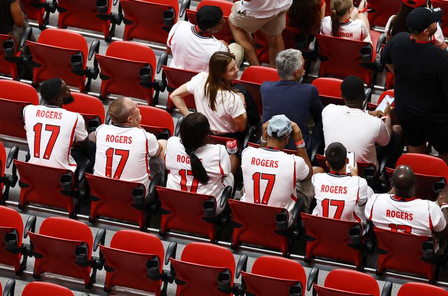 England fans wearing Morgan Rogers shirts sit in the stands before the match England fans wearing Morgan Rogers shirts sit in the stands before the match