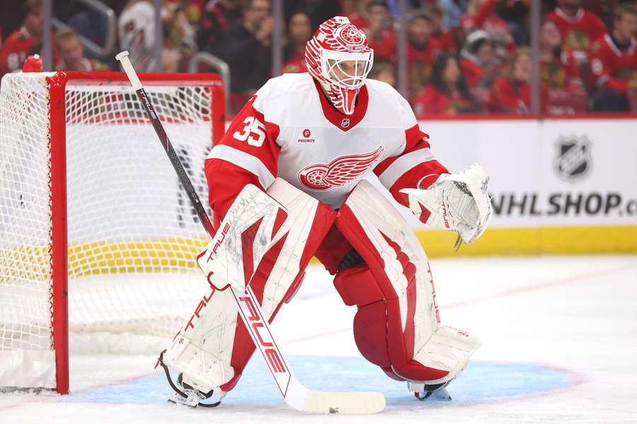 Ville Husso in net for the Detroit Red Wings in a game against the Chicago Blackhawks. (2024)