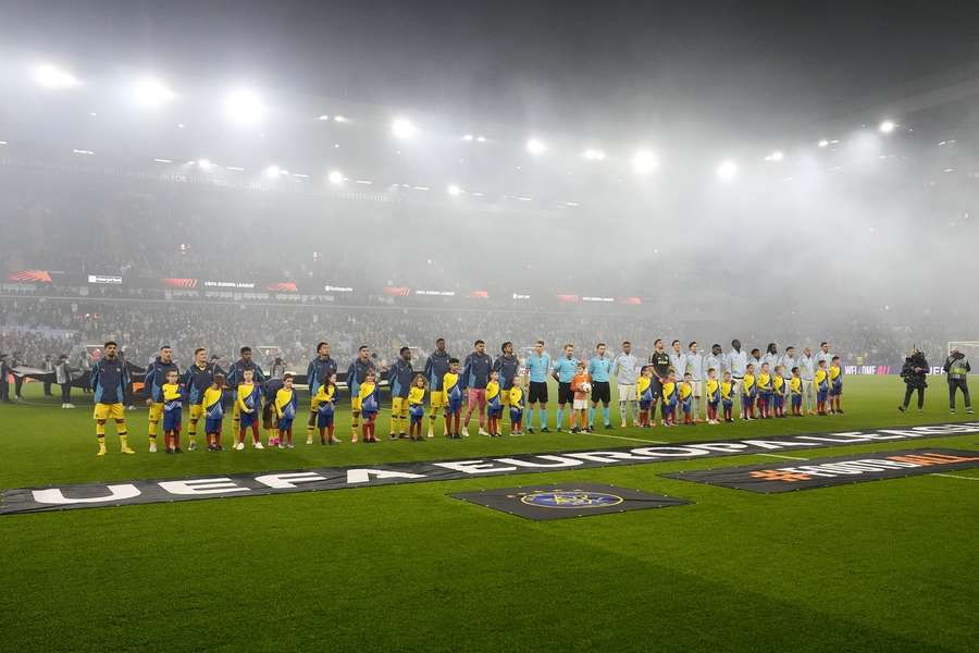 Tel Aviv's players line up at Villa Park
