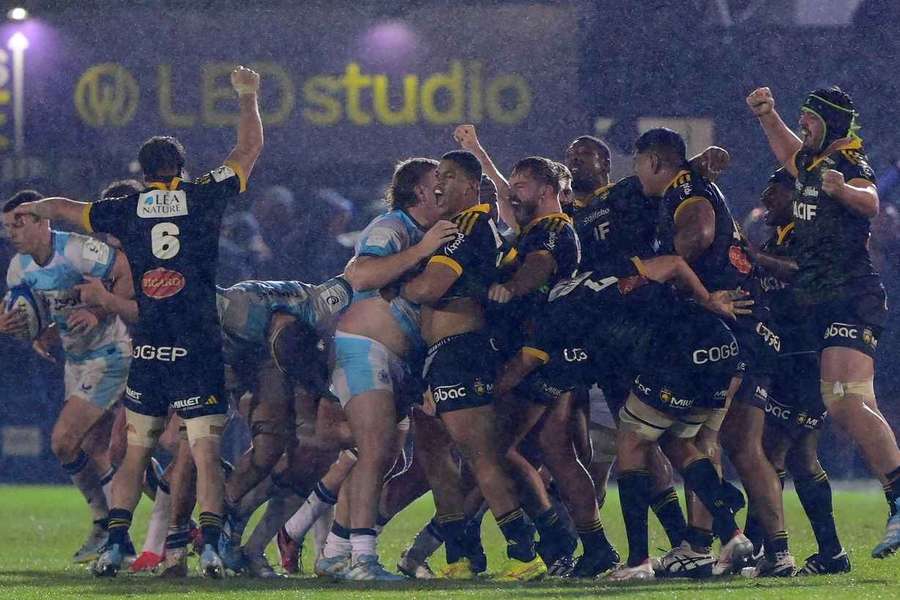 La Rochelle celebrate after beating Bath in their opening Champions Cup match on Friday