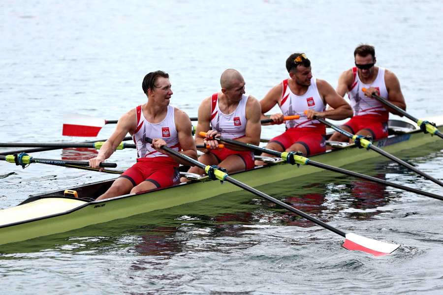 Dominik Czaja, Mateusz Biskup, Mirosław Ziętarski i Fabian Barański po zdobyciu brązowych medali piątego dnia IO Paryż 2024
