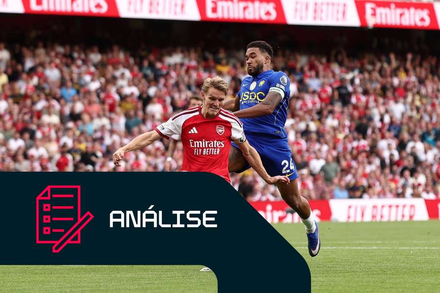 Martin Odegaard, do Arsenal, marca o golo da vitória frente ao Chelsea Martin Odegaard, do Arsenal, marca o golo da vitória frente ao Chelsea
