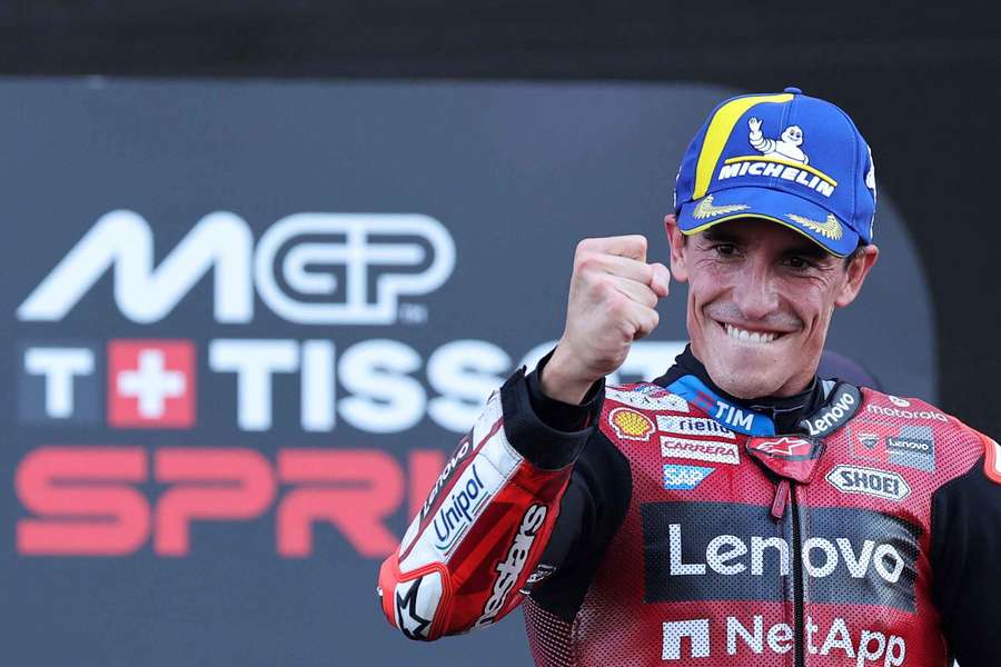 Ducati Lenovo's Marc Marquez celebrates after winning the sprint race Ducati Lenovo's Marc Marquez celebrates after winning the sprint race