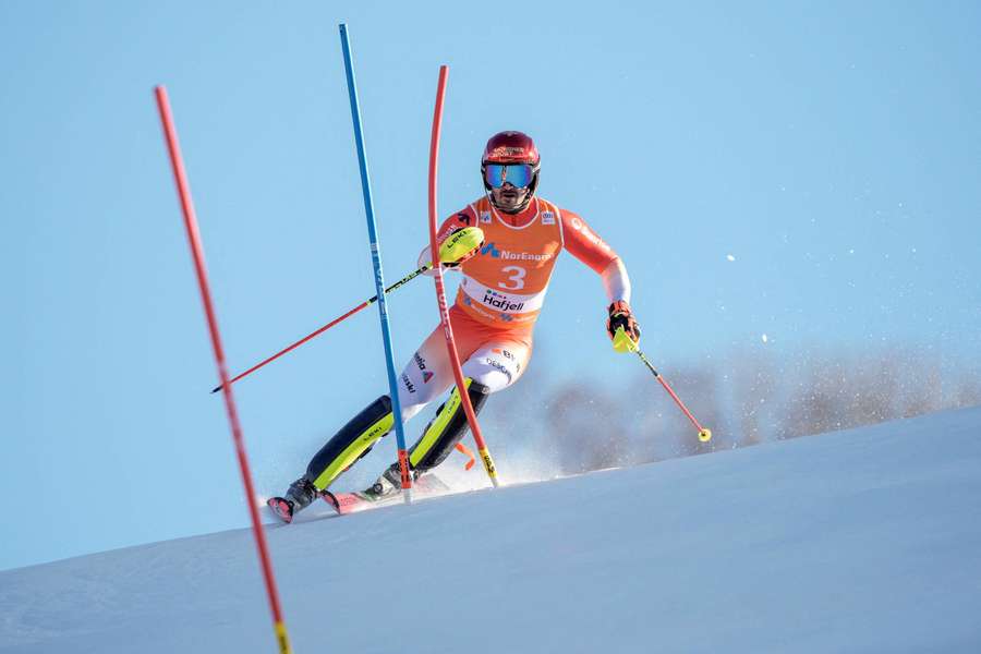 Switzerland's Loic Meillard in action during the men's slalom in Hafjell