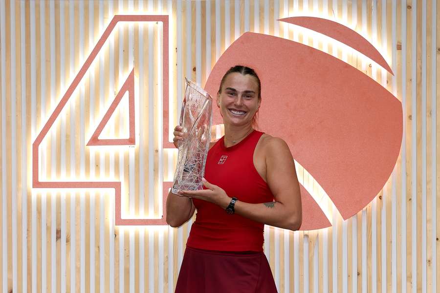Aryna Sabalenka celebrates winning her first Miami Open title.