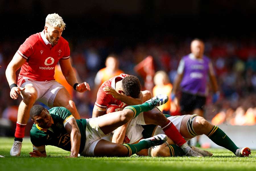 Wales' Rio Dyer and South Africa's Damian Willemse in action 