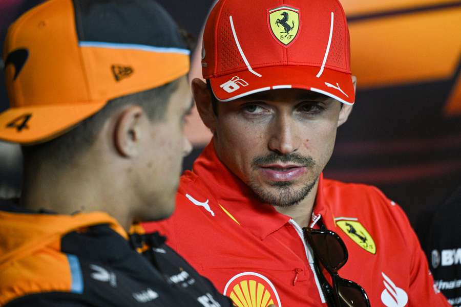 McLaren's Lando Norris (L) and Ferrari's Charles Leclerc attend a press conference at the Shanghai F1 circuit