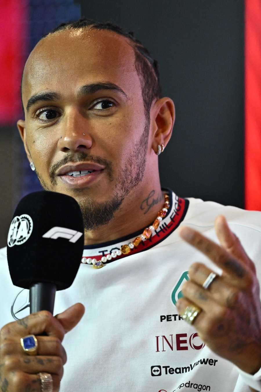 Mercedes' British driver Lewis Hamilton attends a press conference