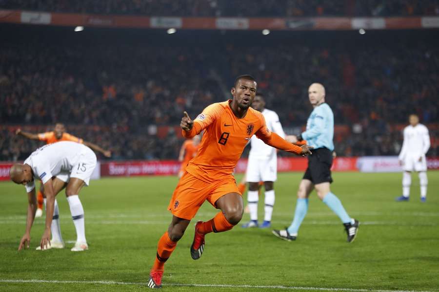 Georginio Wijnaldum na het score van de 1-0 tijdens de vorige wedstrijd tegen Frankrijk op 16 november 2018