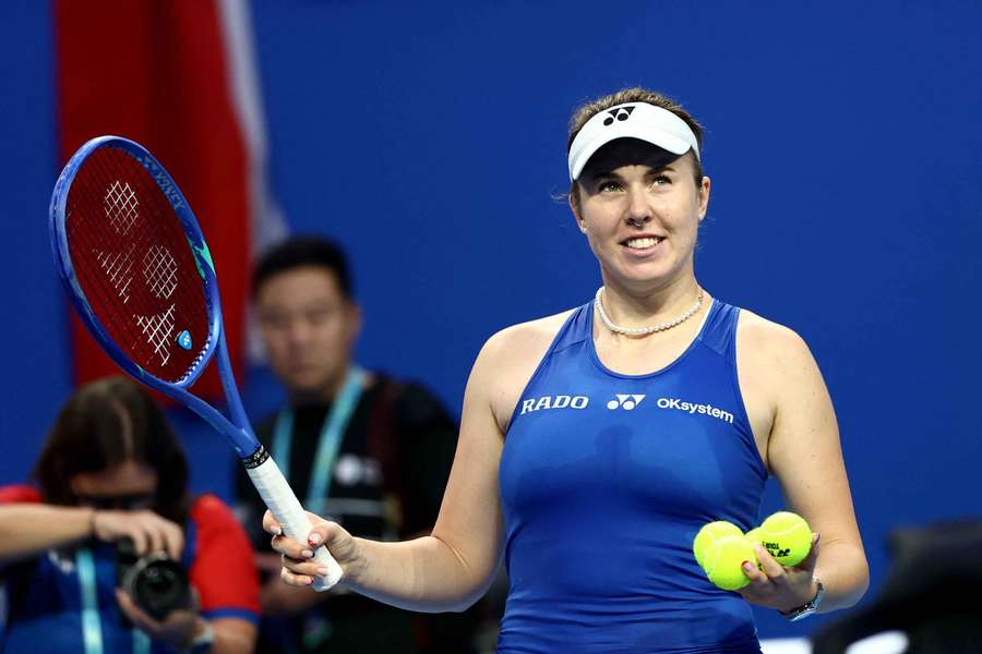 Czech Republic's Linda Noskova celebrates after winning her match against Spain's Cristina Bucsa
