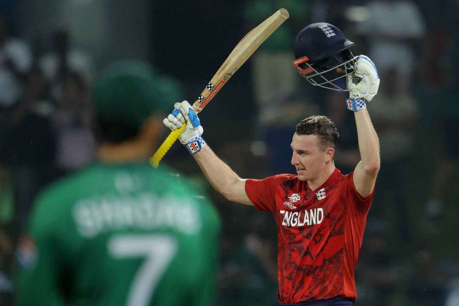 England's Harry Brook celebrates after reaching his century