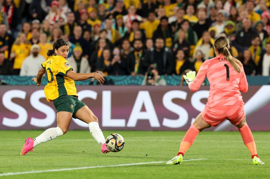 Sam Kerr has a shot at goal that was saved by Mary Earps