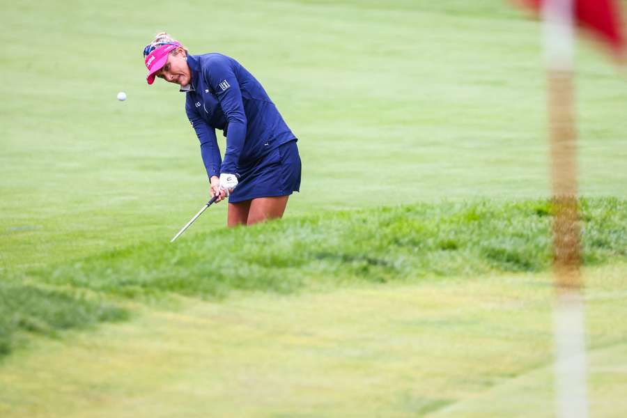 Lexi Thompson plays her shot on the fifth hole during the third round of the CPKC Women's Open golf tournament