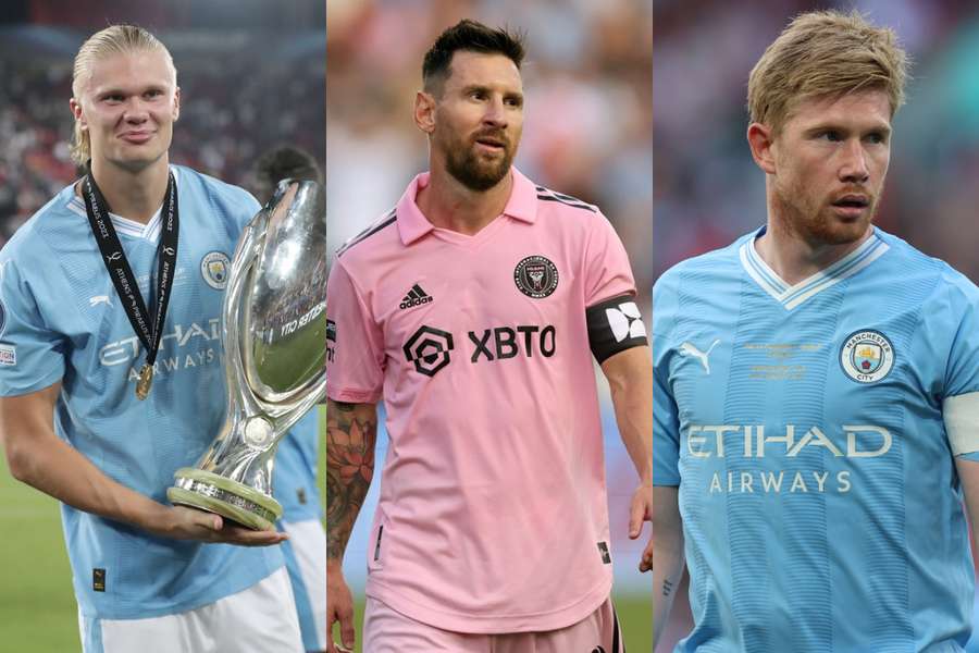 Erling Haalad (Manchester City), Lionel Messi (Inter Miami) și Kevin De Bruyne (Manchester City)