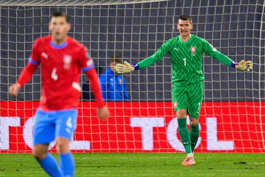 Matej Kovar gestures next to Czech Republic's defender Robin Hranac