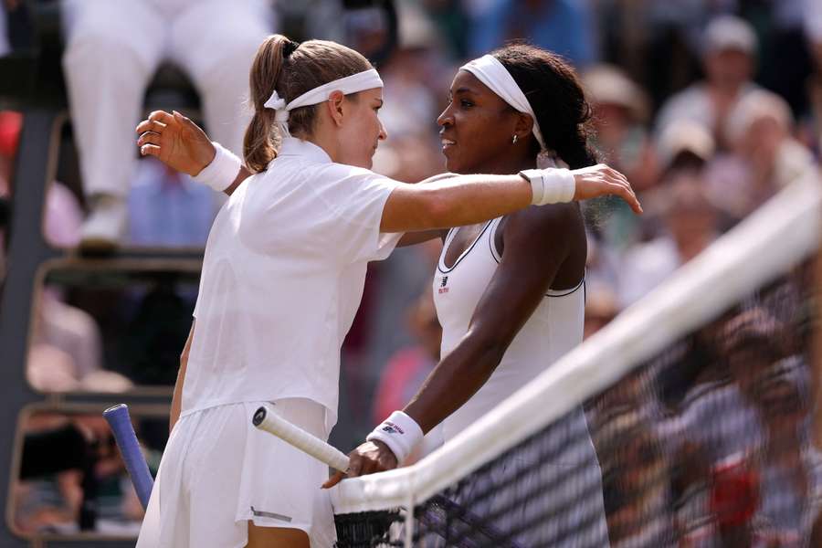 Czech Republic's Karolina Muchova embraces Coco Gauff after winning their semi-final