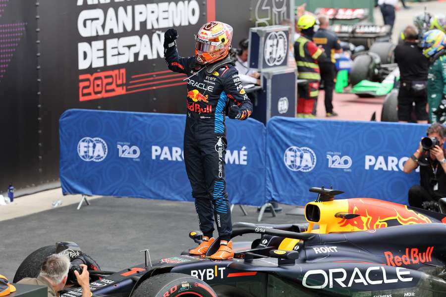 Red Bull's Max Verstappen celebrates winning the Spanish Grand Prix