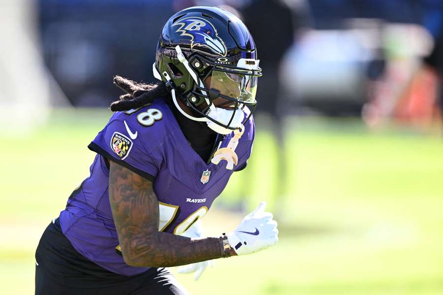 Baltimore Ravens wide receiver Diontae Johnson practising at the team's facility in Owings Mills, Maryland. 