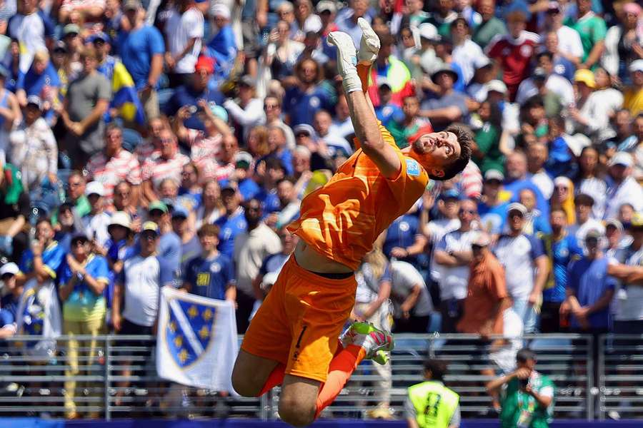 Nikola Vasilj makes a save for Bosnia & Herzegovina