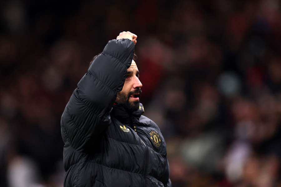 Ruben Amorim celebrating Manchester United's win on Friday.