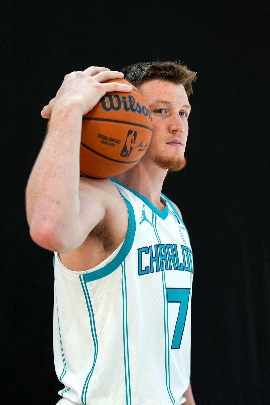 Charlotte Hornets player Kon Knueppel poses during media day
