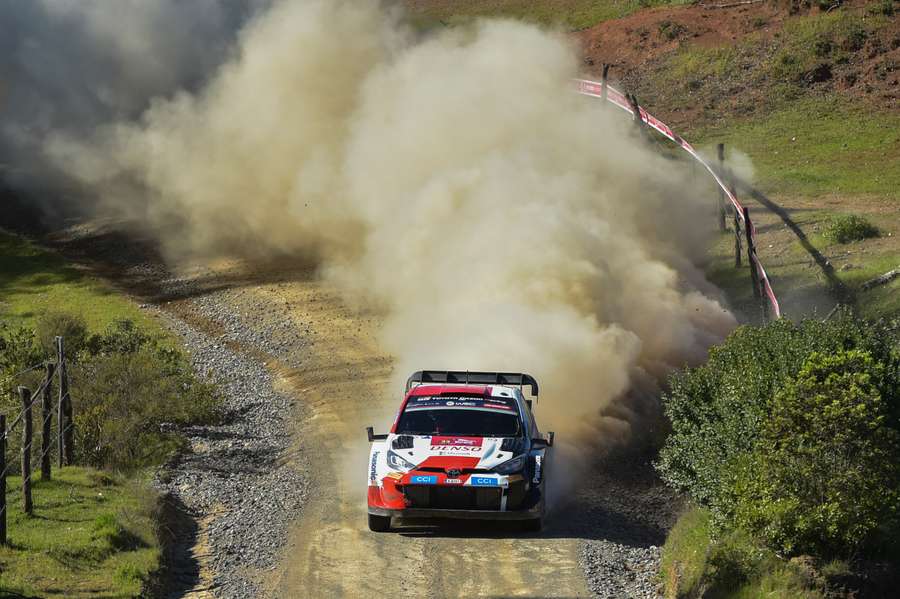 Elfyn Evans and co-driver Scott Martin compete in their Toyota GR Yaris during the Concepcion stage of the WRC Rally Chile