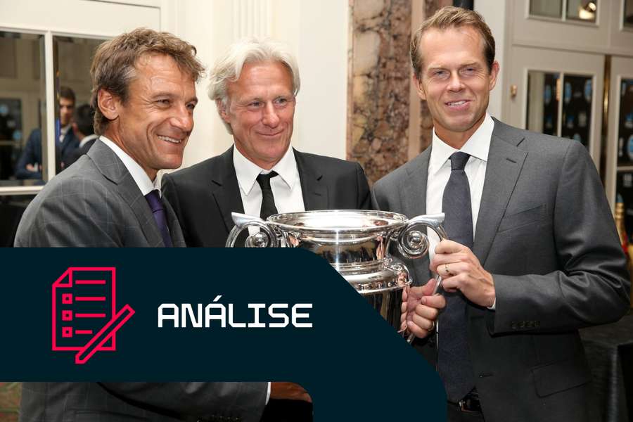 Mats Wilander, Bjorn Borg e Stefan Edberg da Suécia posam para os fotógrafos