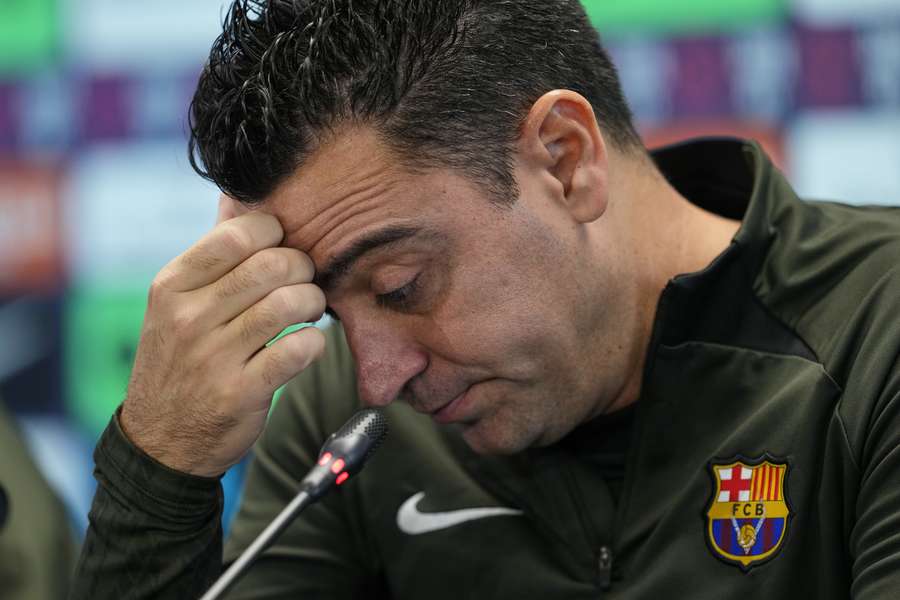 Xavi tijdens de persconferentie van woensdag Xavi tijdens de persconferentie van woensdag