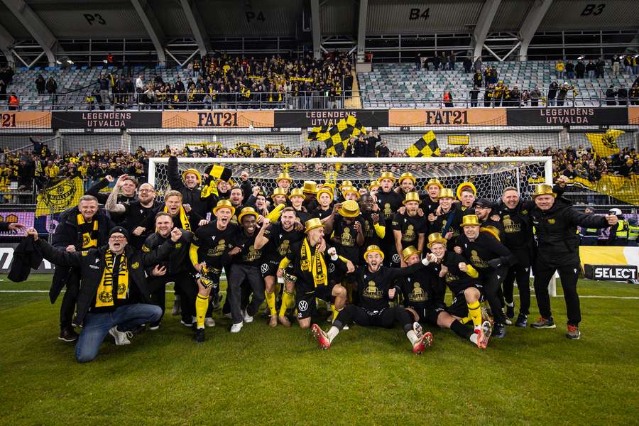 Mjallby players celebrate securing the title vs IFK Goteborg Mjallby players celebrate securing the title vs IFK Goteborg