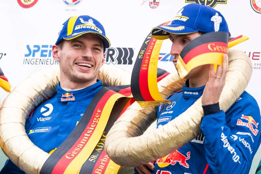 Max Verstappen and Daniel Juncadella following their NLS2 win at the Nürburgring