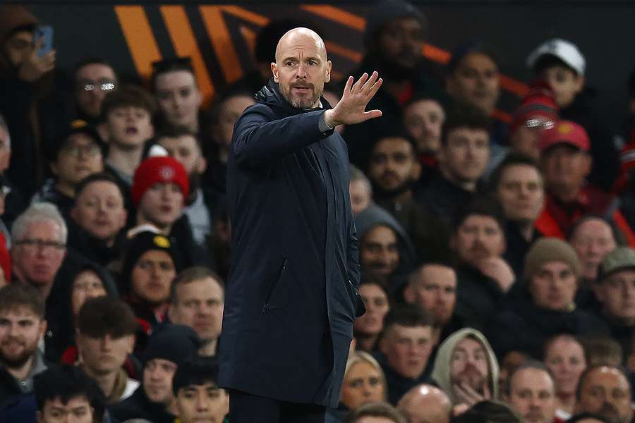 Manchester United's Dutch manager Erik ten Hag shouts instructions to the players from the touchline