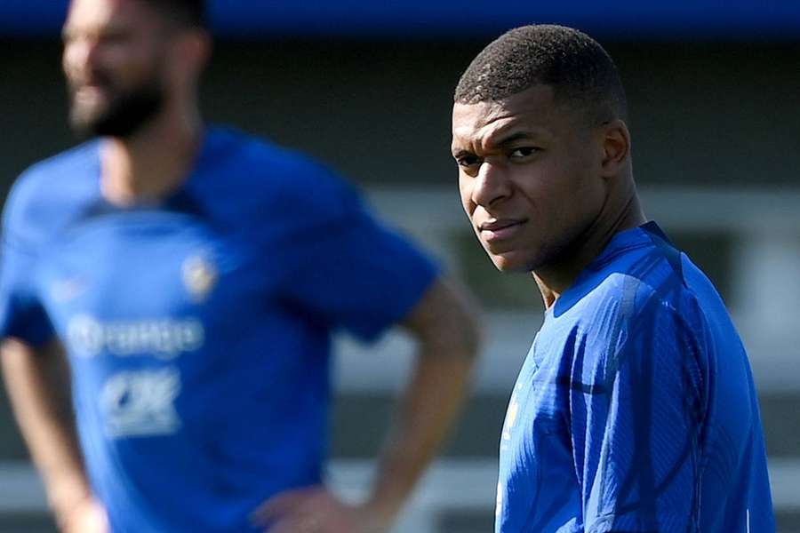 Kylian Mbappe takes part in a training session ahead of France's match with Gibraltar on Friday