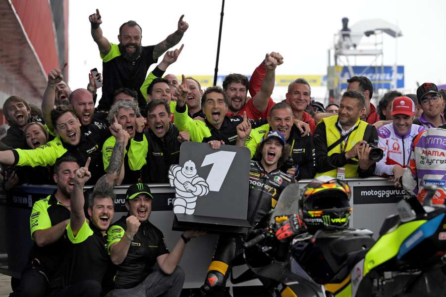 Marco Bezzecchi celebrates with teammates after winning the Argentina Grand Prix MotoGP