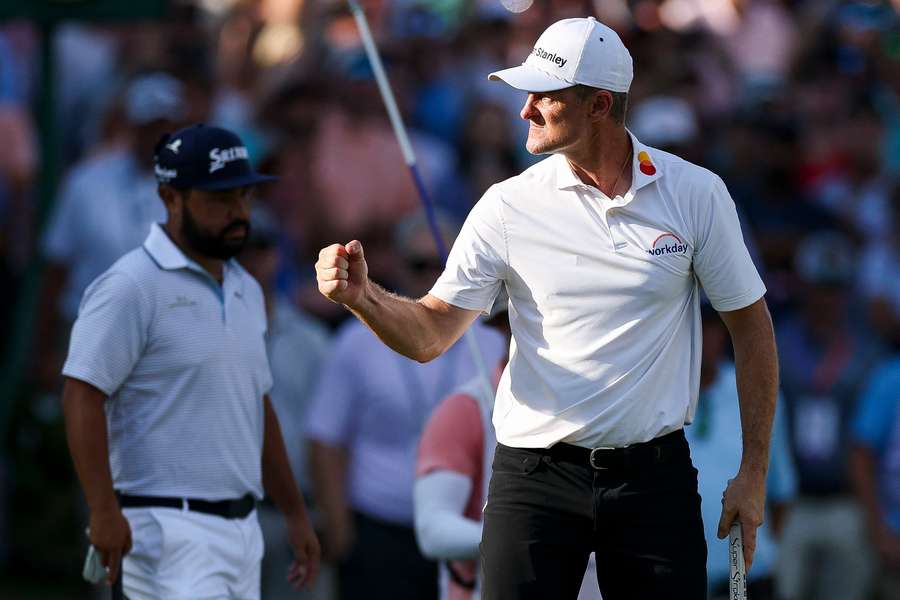 Justin Rose reacts after making a birdie on the 18th hole during a playoff against J.J. Spaun Justin Rose reacts after making a birdie on the 18th hole during a playoff against J.J. Spaun
