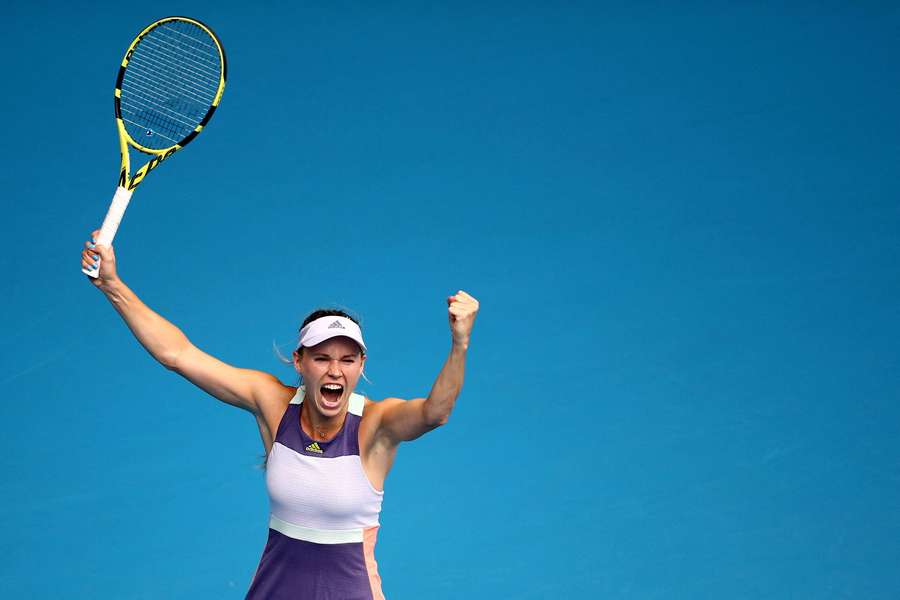 Sådan så det ud, da Caroline Wozniacki i 2020 fejrede at have vundet i anden runde af Australian Open.