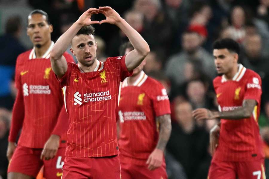 Diogo Jota célébrant son but contre Everton en avril.