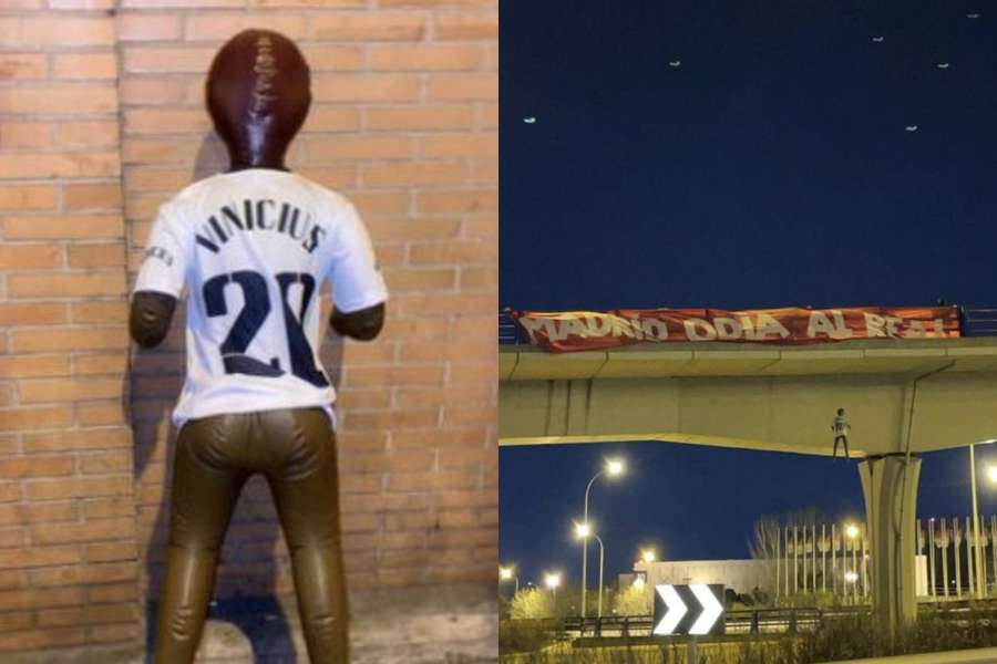 El Frente Atlético cuelga un muñeco con la camiseta de Vinícius en un puente de Madrid