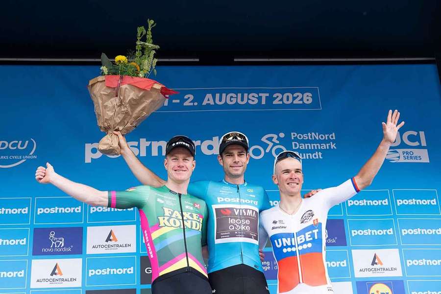 Tour winner Wout van Aert, centre, second-placed Henrik Breiner Pedersen, left, and third-placed Lukas Kubis Tour winner Wout van Aert, centre, second-placed Henrik Breiner Pedersen, left, and third-placed Lukas Kubis