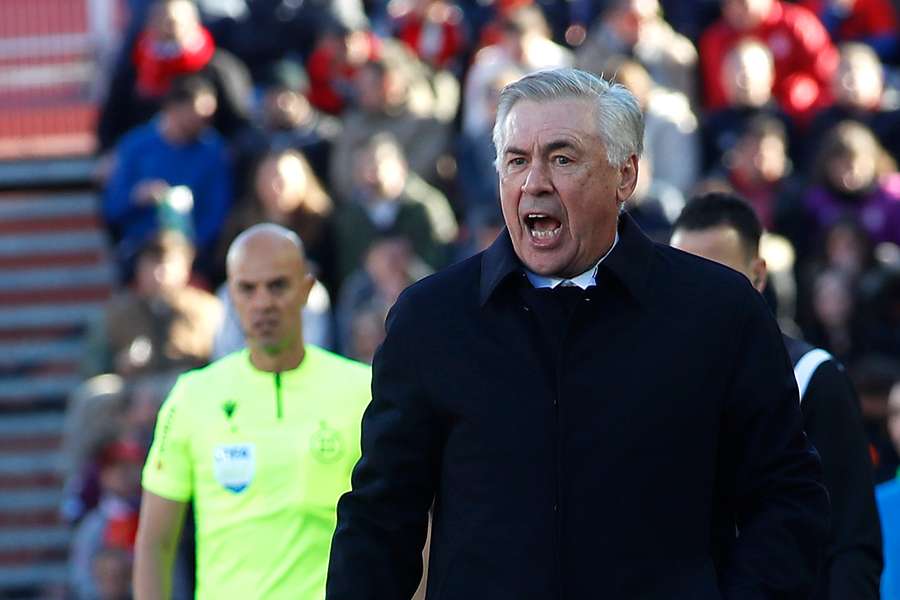 Real Madrid's Italian coach Carlo Ancelotti reacts during the Spanish League football match between RCD Mallorca and Real Madrid