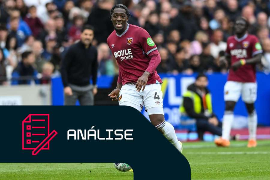 Axel Disasi, do West Ham, no jogo frente ao Arsenal, em maio de 2026 Axel Disasi, do West Ham, no jogo frente ao Arsenal, em maio de 2026